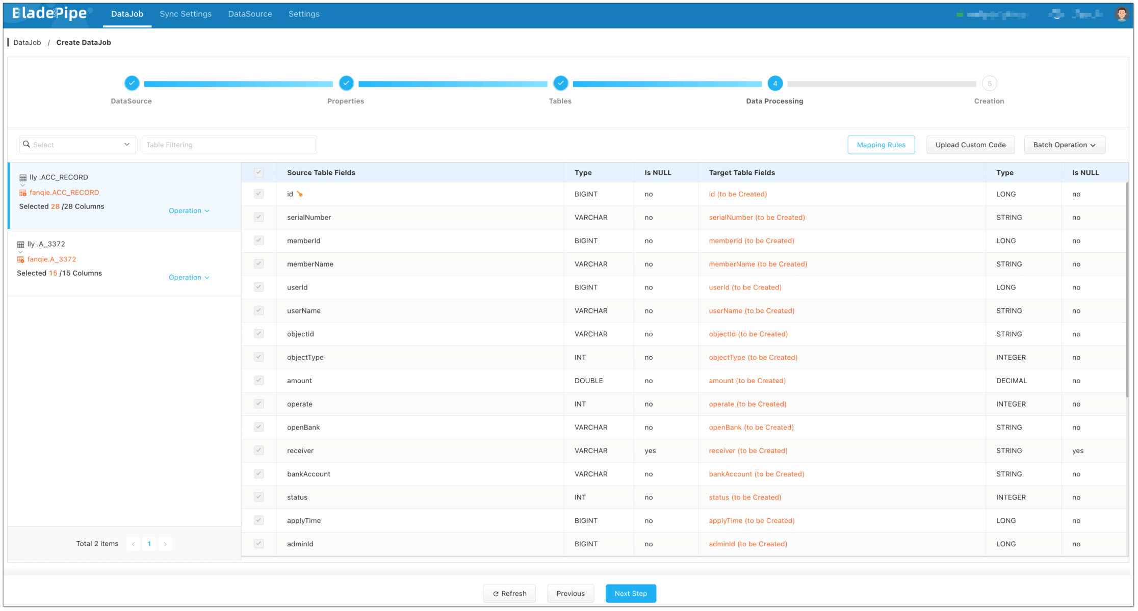 Select columns